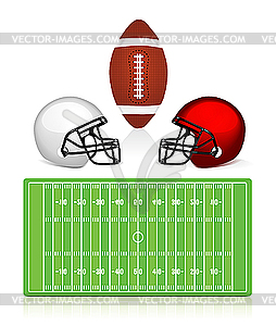 American football field, ball and helmet - vector clipart