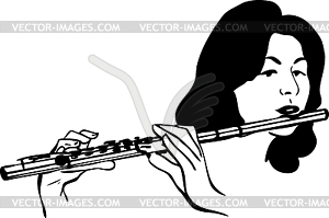Girl plays wind musical instrument flute - vector clip art