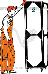 One longshoreman in orange combination holds box - vector clipart