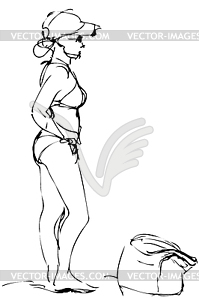 Sketch girl in bikini stands near bag - vector clipart