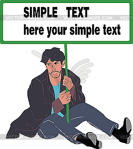 Man sitting on the floor with poster in hands - vector clipart