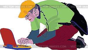 Guy in the yellow cap with laptop - vector clipart