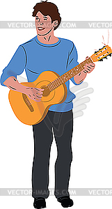 Guy in the blue sweater with guitar - vector clip art