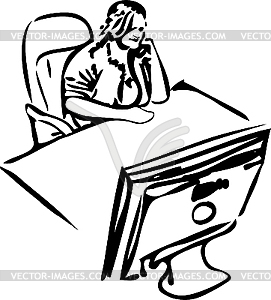 Girl at table in front of monitor - vector clipart