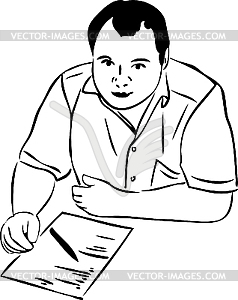 Man at table writing on paper - vector image