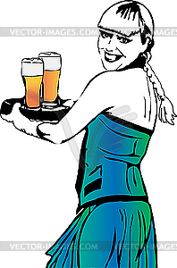 Waitress with beer - vector image