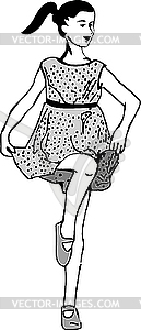 Girl in polka dot dress dancing - vector clipart