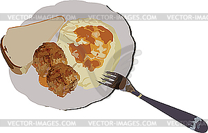 Potato, chops of fork and bread - vector image