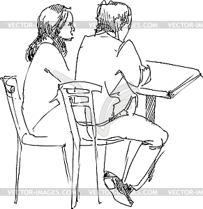 Fellow and girl at table - vector clip art