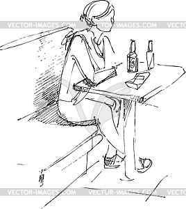 Girl at table and bottle of beer - vector clipart