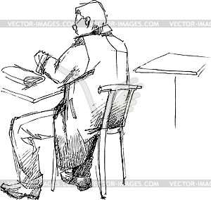  man in an overcoat at table from back - vector image