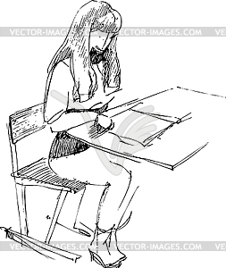 Girl after school desk - vector image