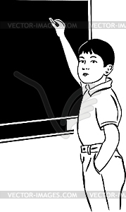 Мальчик с доски мел - черно-белый векторный клипарт