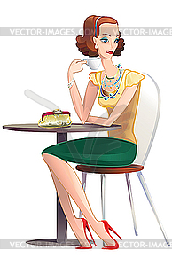 Pretty young woman drinking tea at table in a - vector image