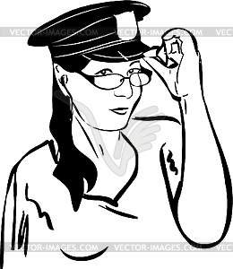  girl trying on glasses in police cap - vector clipart / vector image