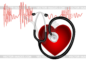 Кардиограмма с сердцем и стетоскопом - векторная иллюстрация