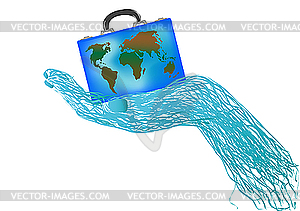 A suitcase with globe in hand - vector clipart