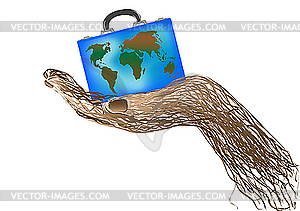 A suitcase with globe in hand - vector clipart