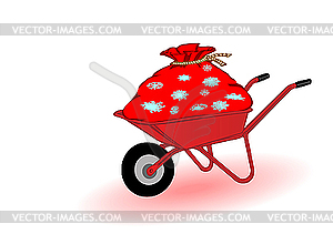 Gifts on red wheelbarrow - stock vector clipart