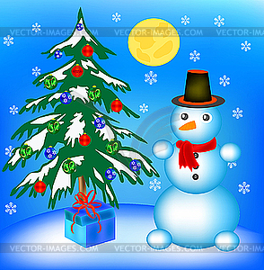 Christmas tree and snowman - vector clip art