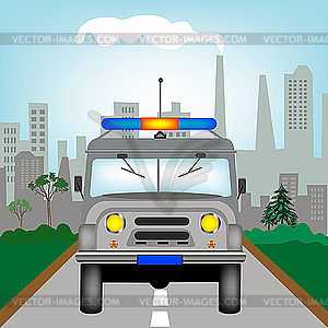 Russian police car on road - stock vector clipart