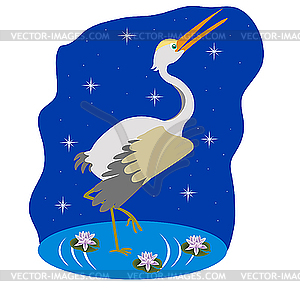 Stork on water in the night - vector image