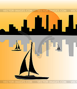 Ночной город отражается в воде - изображение в векторе / векторный клипарт