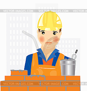 Worker builder places brick - vector clipart