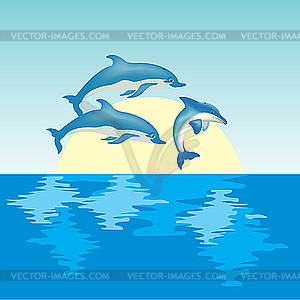 Dolphins on sunrise - stock vector clipart