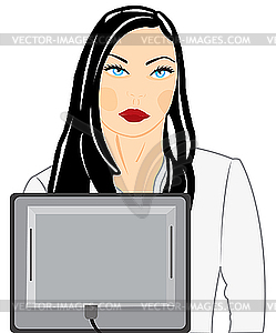 Young nice girl in front of computer - vector image