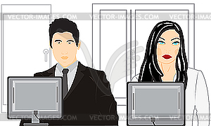 Man and woman sit in front of computer in office - vector image