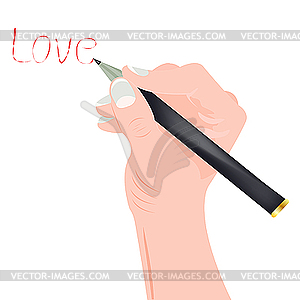 Human hand writes word on white - vector clipart