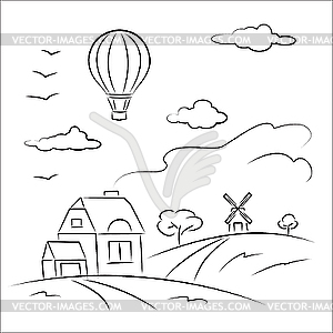 Balloon over the fields - vector image