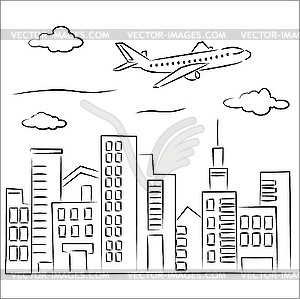 Airplane over the city - vector clip art