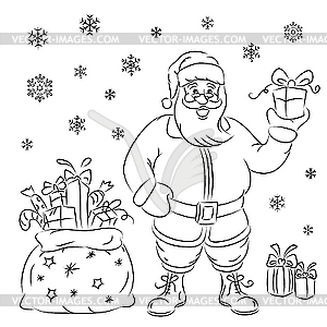 Santa Claus mit Geschenken - schwarzweiße Vektorgrafik