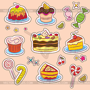 Наклейки торты и конфеты - изображение в векторном виде