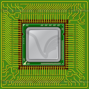 Computer processor on circuit board - color vector clipart