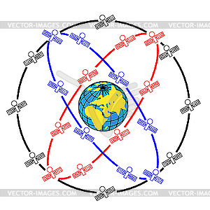  space satellites in eccentric orbits around the Earth. - vector image