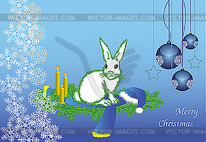 Xmas card with white hare, balls and snowflakes - vector clip art