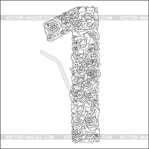 Flower alphabet of red roses, letter 1 - stock vector clipart