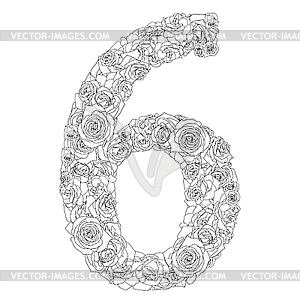 Flower alphabet of red roses, letter 6 - vector image