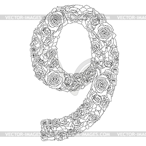 Flower alphabet of red roses, letter 9 - vector clipart