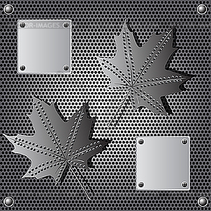 Metal shield maple leaf background with rivets - vector clipart