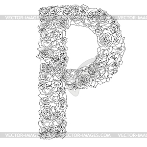 Цветочный алфавит из красных роз, символ P - векторное изображение клипарта