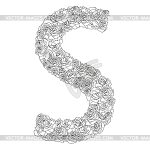 Цветочный алфавит из красных роз, символ S - иллюстрация в векторном формате