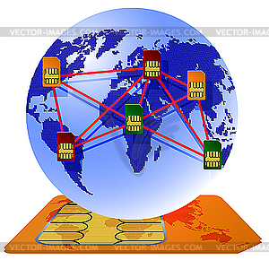 Globe Sim card connecting continents. - vector image