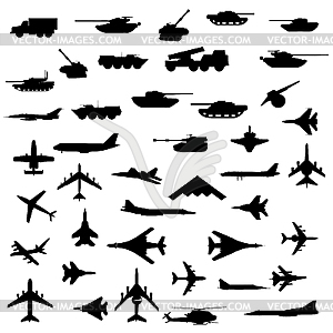 Set of aircraft, armored and guns. - vector image