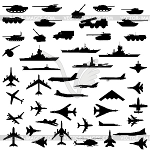 Set of aircraft, armored ships and guns. - vector clipart