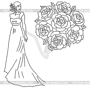 Silhouette of bride with bouquet of flowers. - vector clipart