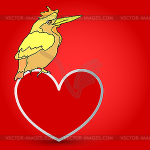 Postcard of bird sitting on the heart.  - vector clipart